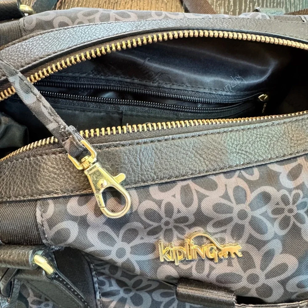 Kipling Black Grey Floral Nylon Satchel Crossbody Bag Gold Hardware Charm